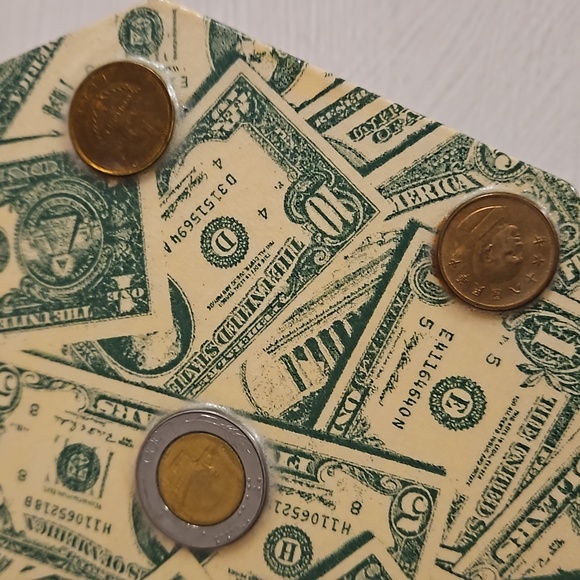 Money themed decoupaged box hand crafted foreign coins keepsake box paper lined - Picture 8 of 16